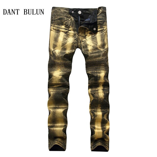 Men's Biker Jeans Pants Print Gold Silver Coated Slim Skinny Denim Trousers For Male Pleated Trousers Plus Size 40: Gold / 30