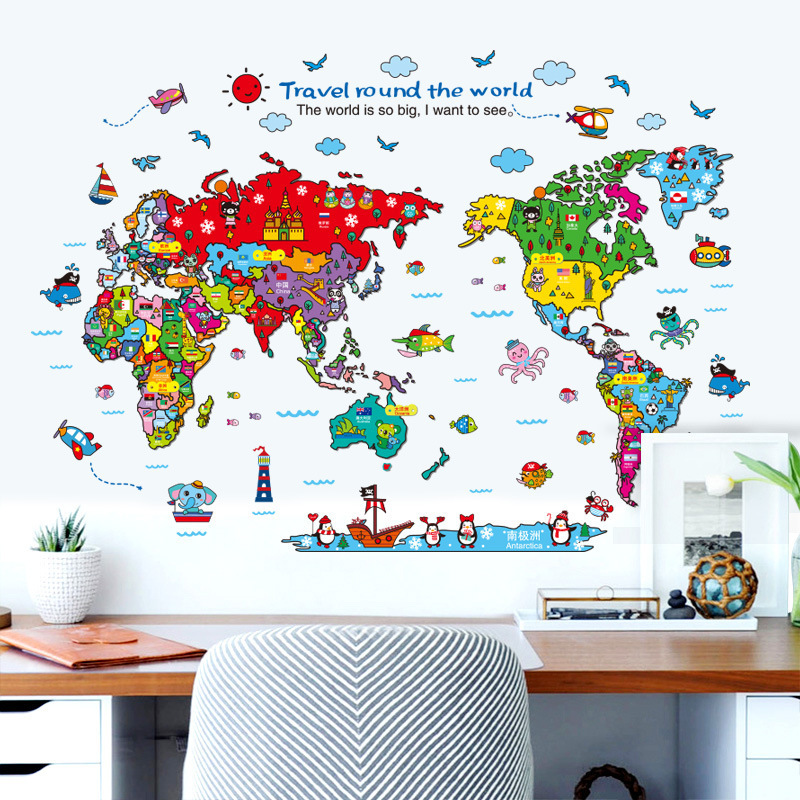 7 Kinds Large World Map Wall Stickers Cartoon Map Home Decor for Kids Room Vinyl DIY Wall Decals Travel round The World Sticker