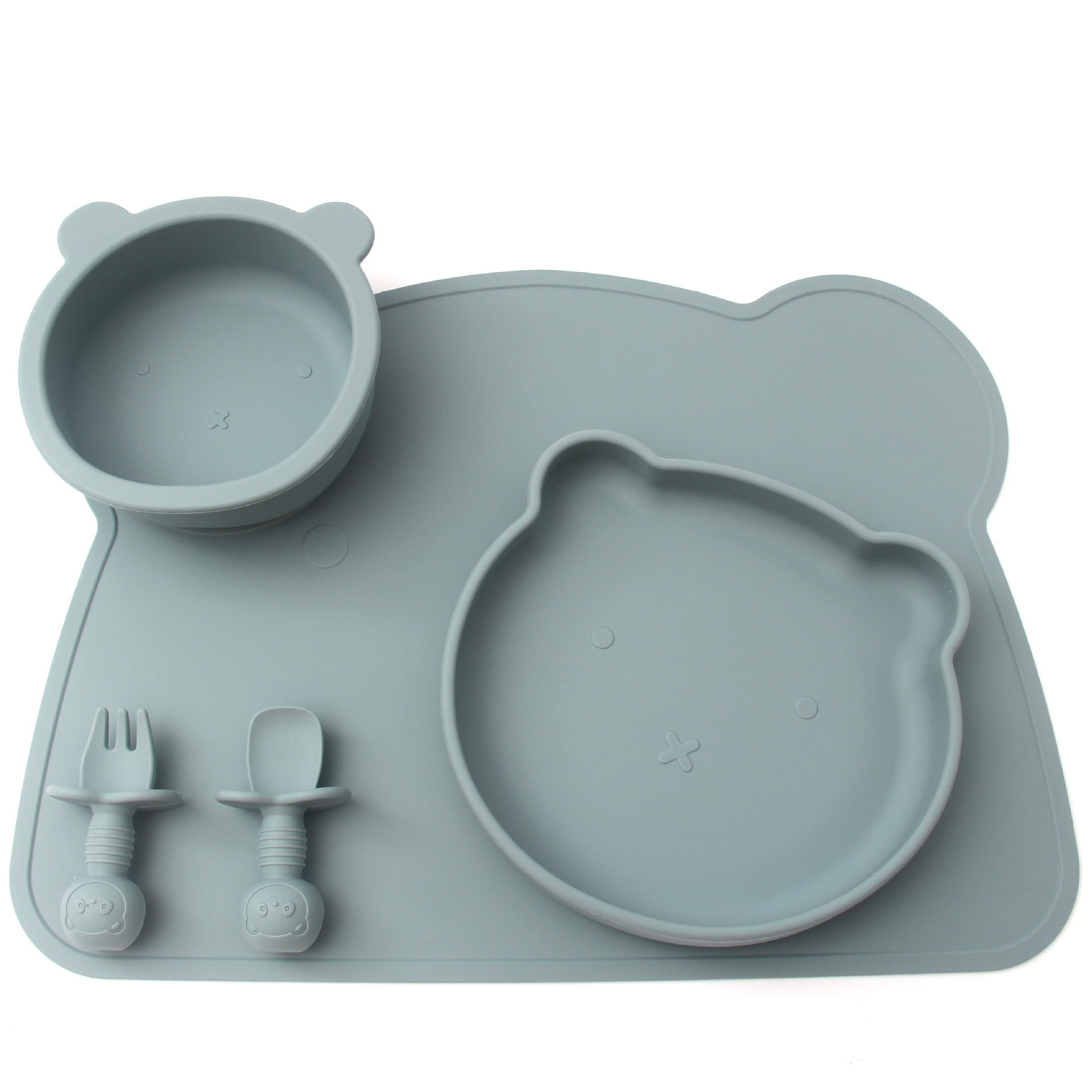 Babyvoeding Kom Plaat Lepel En Vork Set Food Grade Siliconen Antislip Baby Siliconen Servies Bpa Gratis Siliconen kauwen Gerechten: grey blue