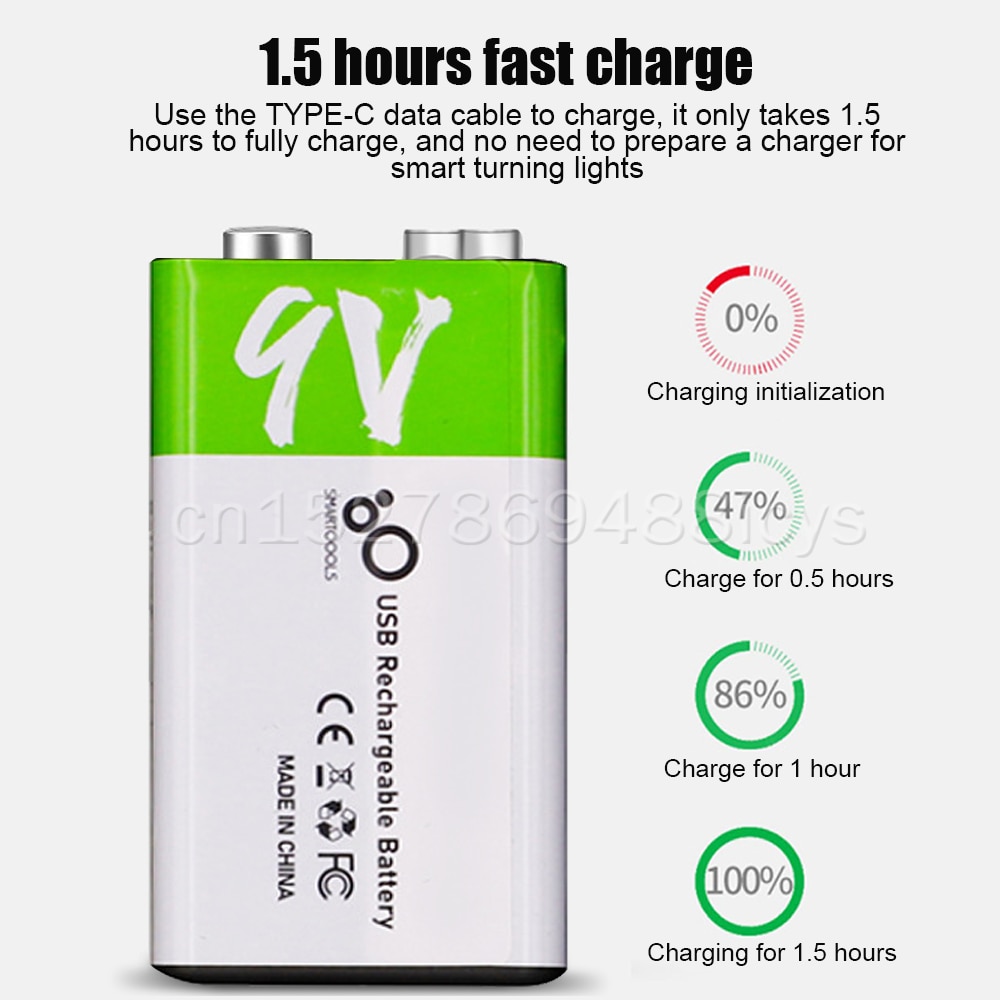 9V 650mAh 6F22 USB Rechargeable Lithium Battery For Wireless Microphone Alarm Guitar RC Helicopter KTV Use With Charging Cable