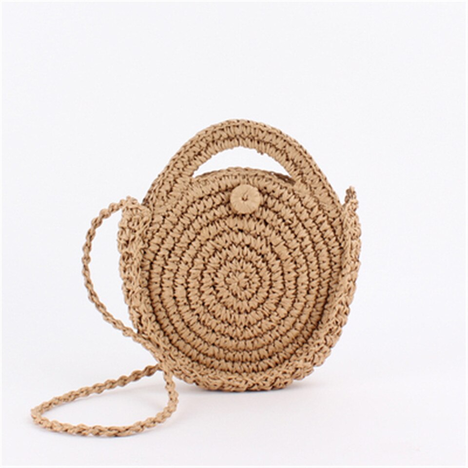 Round Ladies Straw Woven Bag Simple Shoulder Bag Beach Bag Large Capacity Handbag Women Bags Casual Tote Zipper: 7Khaki