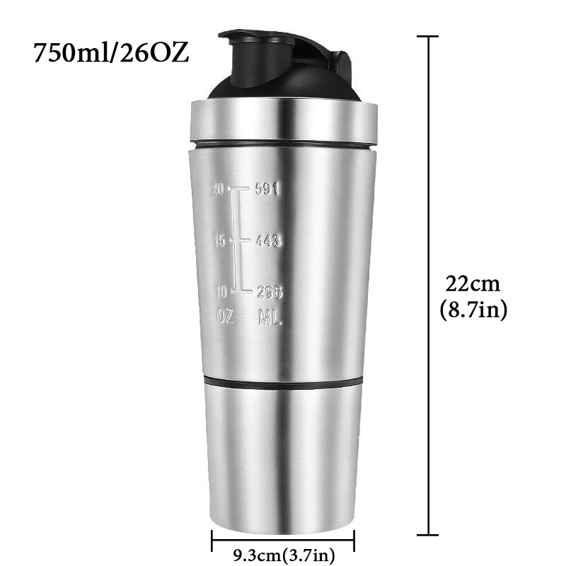 750ml aftagelig valleprotein pulver sport shaker flaske til rustfri stål cup vakuum mixer udendørs drinkware