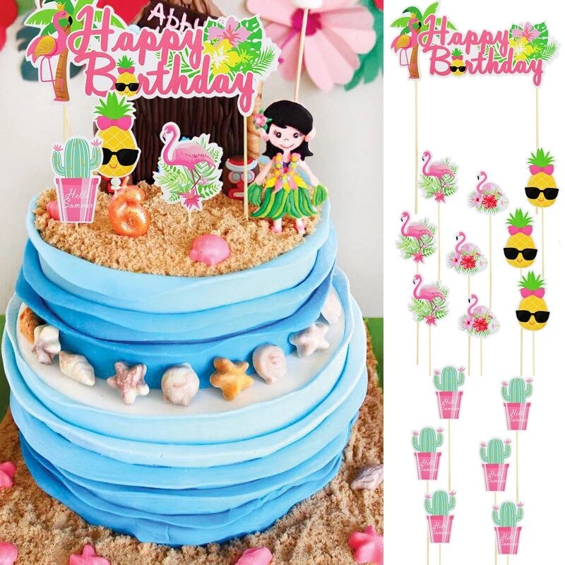 10/12Pcs Tropical Hawaii Party Green Leaf Cake Topper Flower Flamingo Cupcake Topper For Summer Jungle Birthday Party Cake Decor