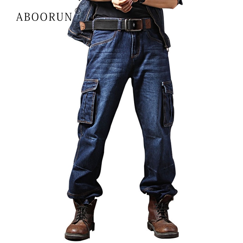ABOORUN Plus Size 40 Men's Casual Cargo Denim Pants Multi Pockets Cargo Jeans Loose Skateboard Jeans for Male R1258