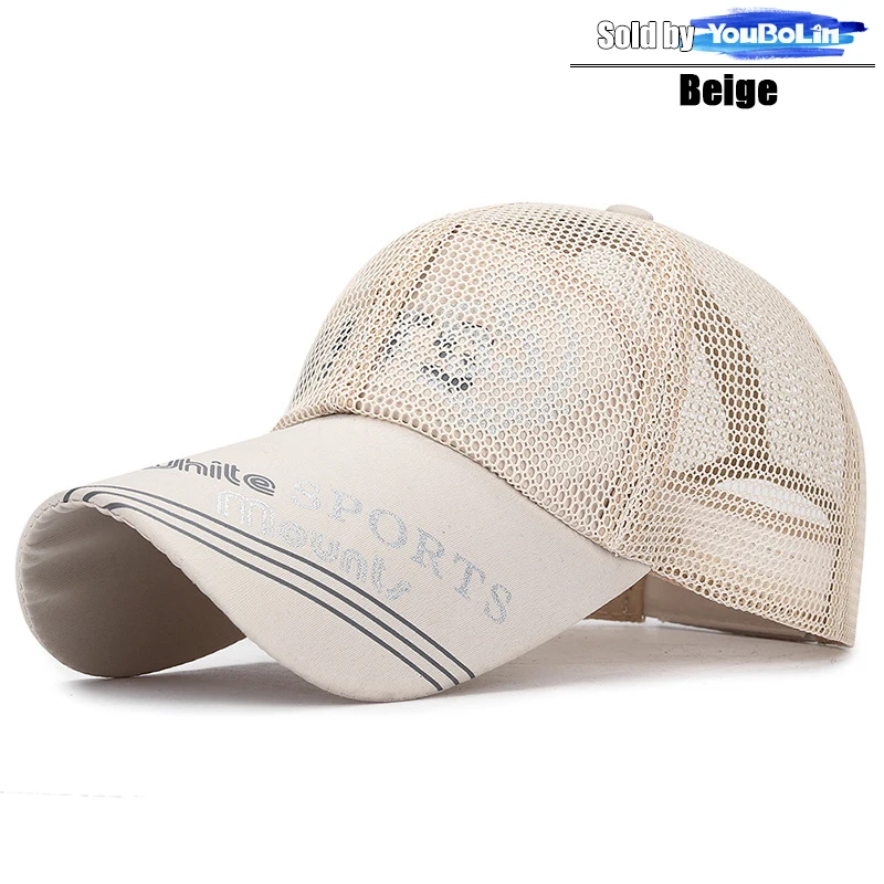 Summer extended brim sun protection baseball cap outdoor sun hat sports breathable hat printed SPORTS mesh cap: Beige