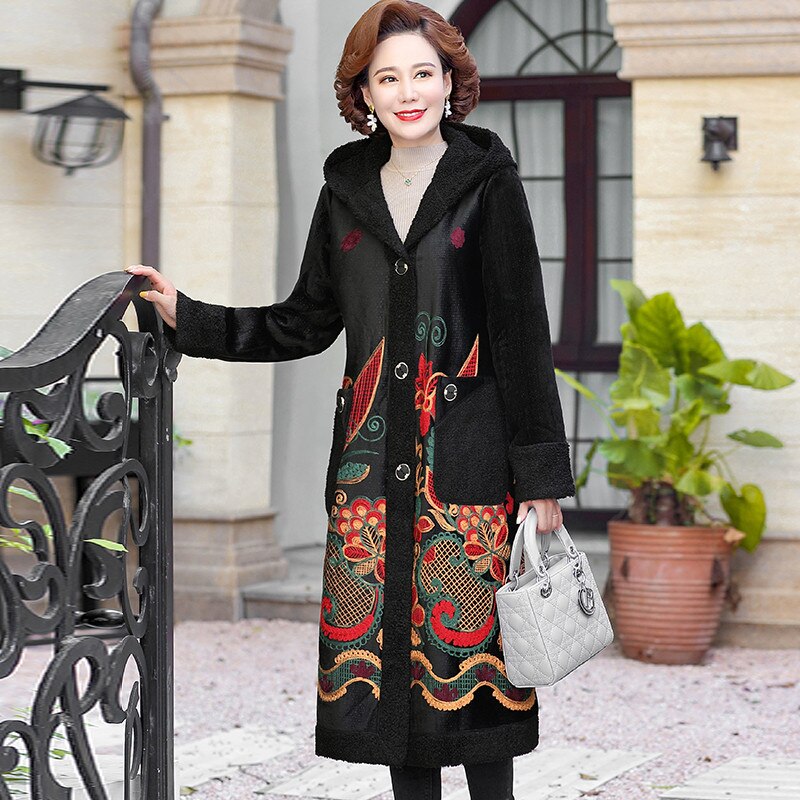 Gabardina larga con capucha para mujer, chaqueta gruesa de felpa aterciopelada con bordado de flores, estilo retro, otoño e invierno,
