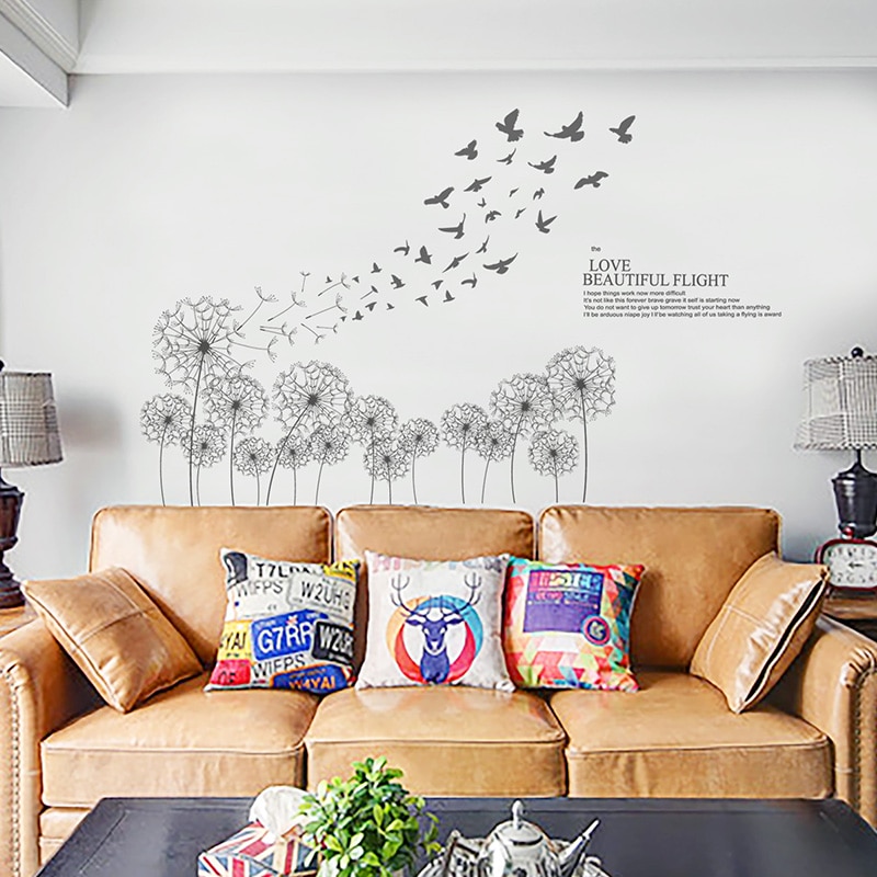 Stort hjem væg klistermærke mælkebøtte fugle flyver i vinden indretning mærkat selvklæbende vinyl tapet til stuen soveværelse