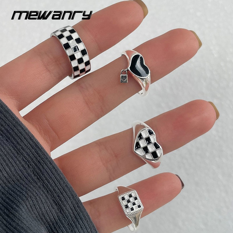 Mewanry 925 Stempel Ringen Zwart Wit Geruite Voor Vrouwen Ins Mode Prachtige Temperament Partij Sieraden