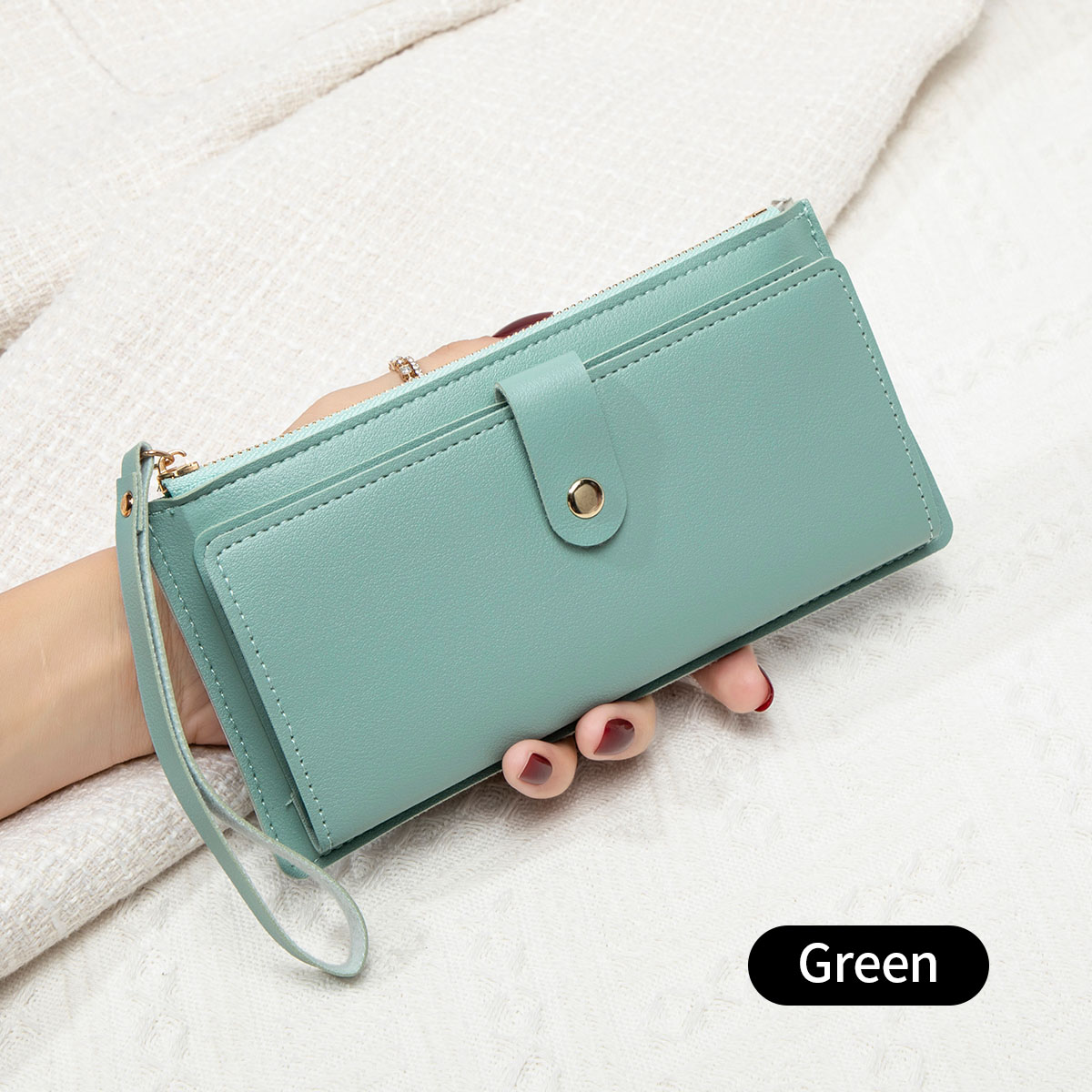 Ultra thin mini PU leather coin purse simple women's long card bag multifunctional handheld credit card holder women's wallet: light green