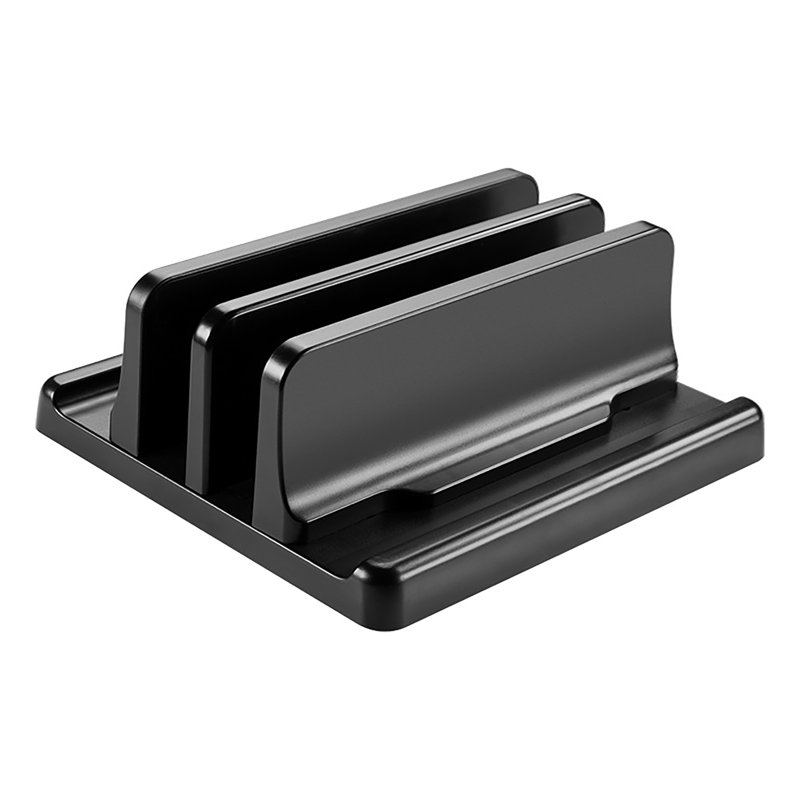Platzsparender, vertikaler laptopständer aus rutschfestem kunststoff mit verstellbarer dockingstation und zwei universellen steckplätzen für den desktop.