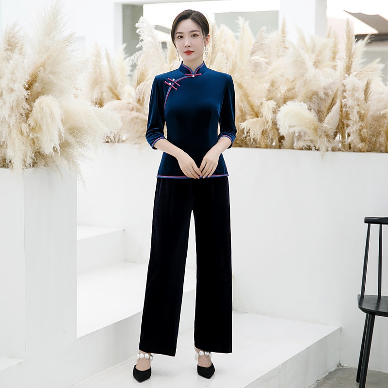 Qipao chino de manga de tres cuartos con cuello mandarín azul marino de terciopelo, ropa Cheongsam de talla grande, vestidos para mujer 4XL 5XL