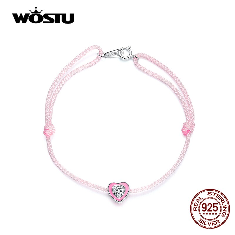 Wostu 925 Sterling Zilver Roze Hart Touw Enkel 22.5Cm Maat Verstelbaar Glanzend Zirkoon Touw Ketting Voor Vrouwen Zomer Sieraden CQT022
