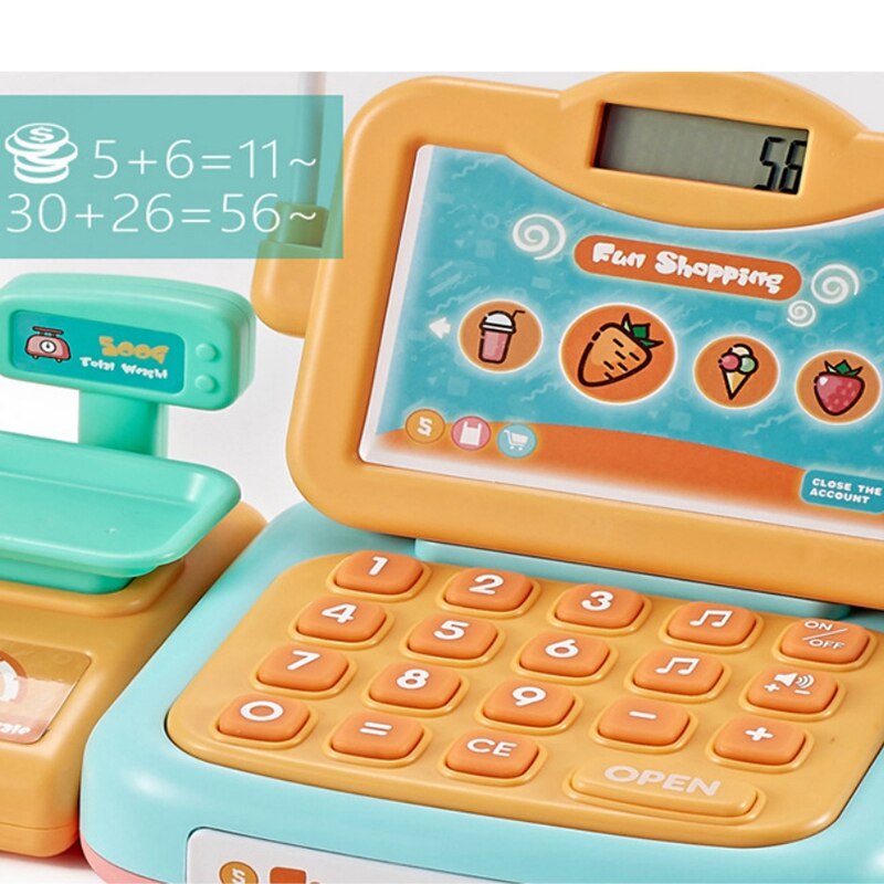 Il registratore di cassa intelligente finge di giocare a cassiere con scanner, microfono, gioca a soldi e drogheria per bambine