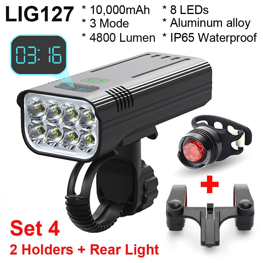 NEWBOLER Luz bicicleta 3600 lúmenes juego de luces de bicicleta MTB a prueba de lluvia recargable por USB con 2 soportes 5200 mAh ciclismo linterna accesorios para bicicleta: LIG127 Set 4