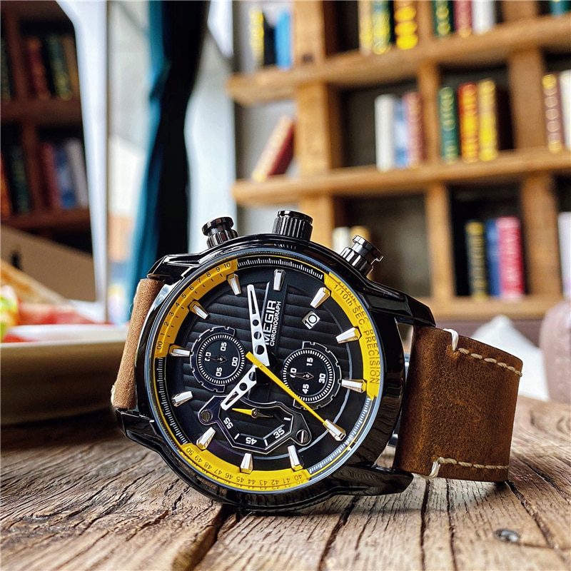 Megir sporthorloges voor heren, waterdicht, lichtgevend, herenhorloge, leren chronograaf, quartz, legerhorloge, herenhorloge