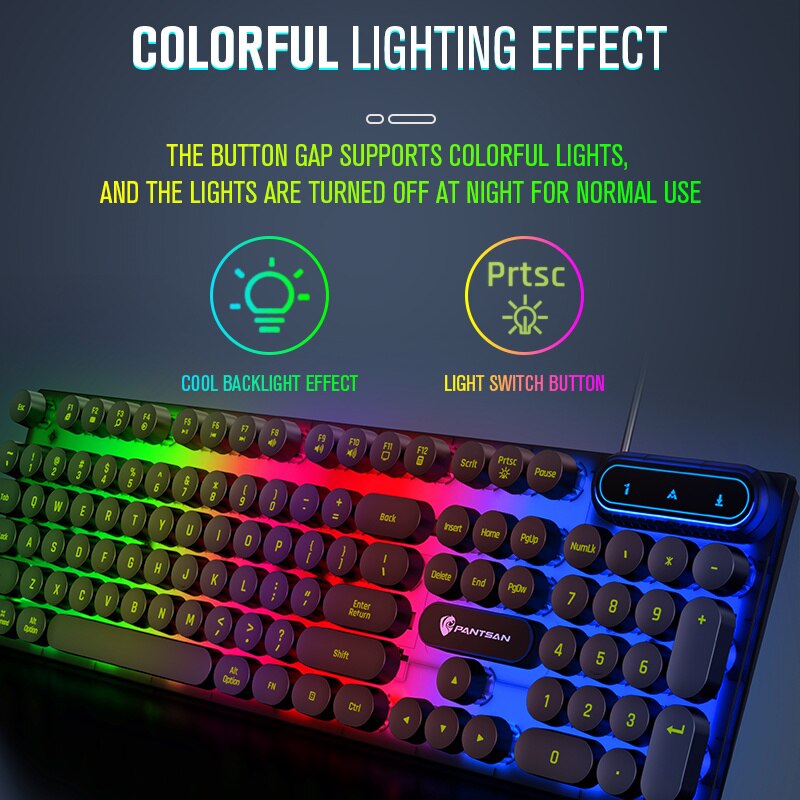 Punk Mechanical Feel Gaming Keyboard Mouse Combos Wired 104 Round Keycaps Keys Rainbow Backlit Keyboard for PC Gamer Computer