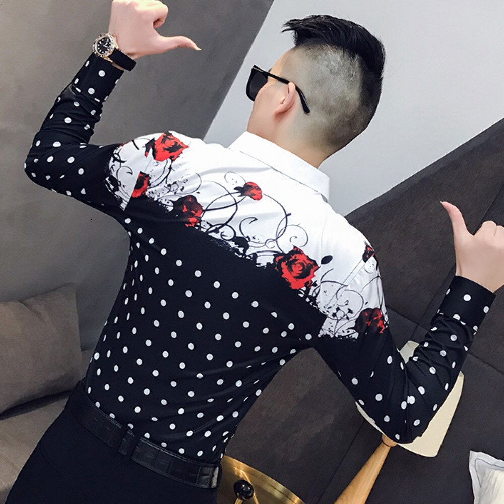 Prickiga blommönster skjortor herrklänning kläder herrskjortor casual slim fit streetwear social skjorta camisa masculina