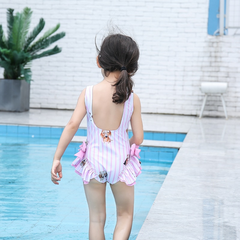 Baby Girls Fluffy Swimwear Spanish Bows Toddler Girls Bathing Suit Striped Cute Dog Pattern Swimsuit Kids