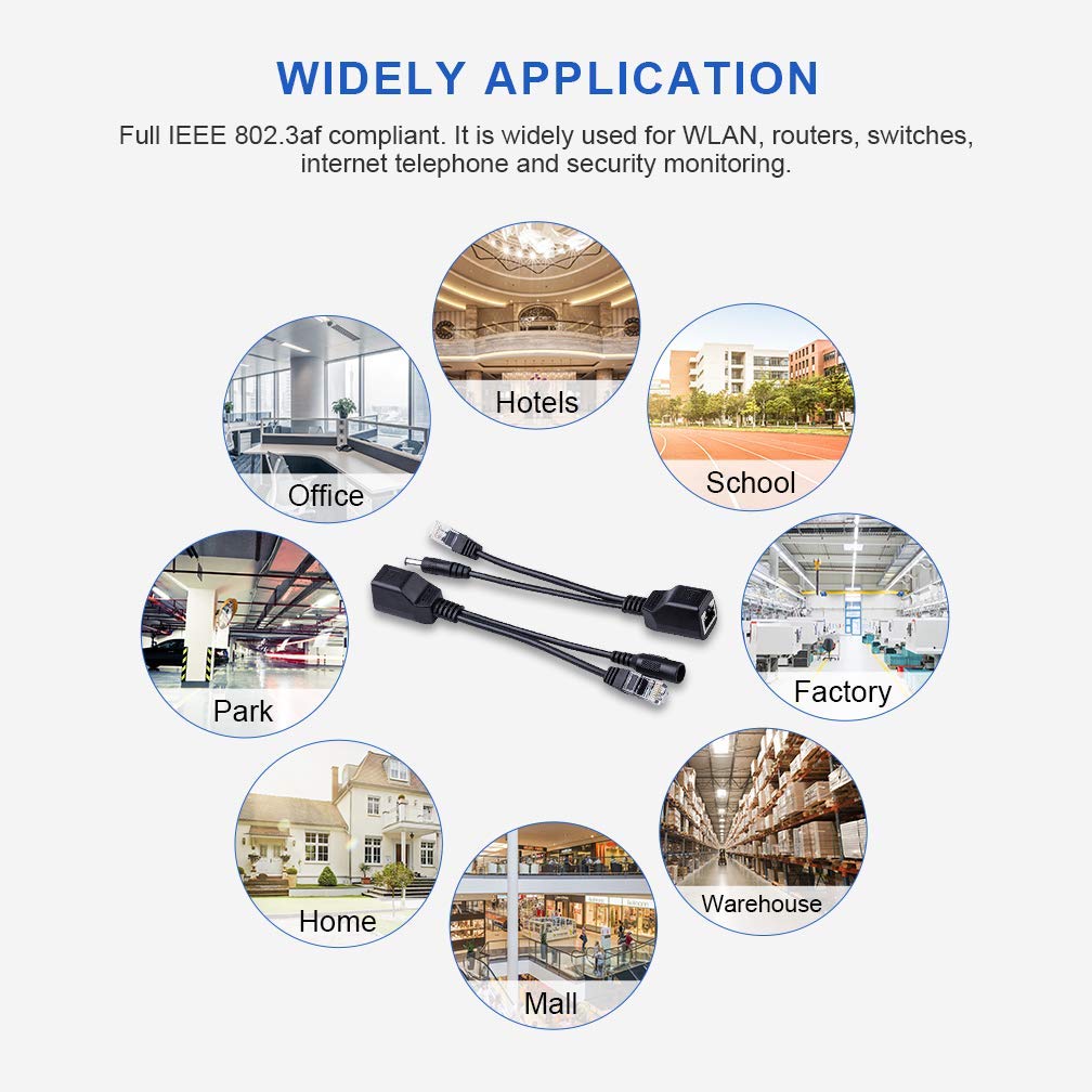 Passive PoE Injector and Splitter Kit 5.5x2.1mm DC Power Adaptor Connector 10/100Mbps for WLAN, Router IP Camera