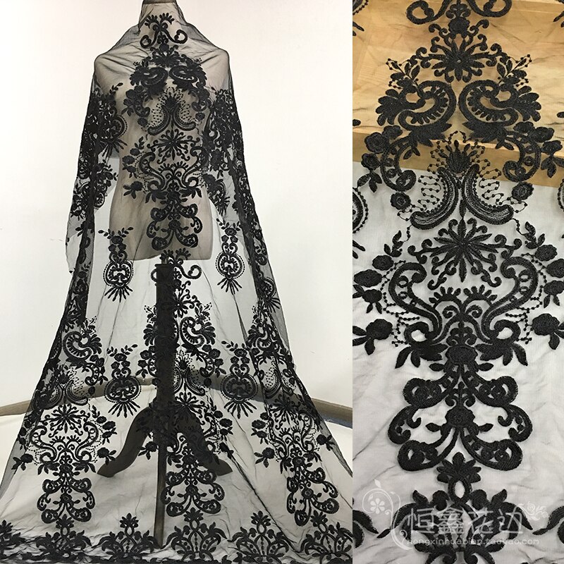 155cm hvid sort brudekjole brudekjole applikation diy brude hovedbeklædning tørklæde slør broderet blonder stof patch: Sort