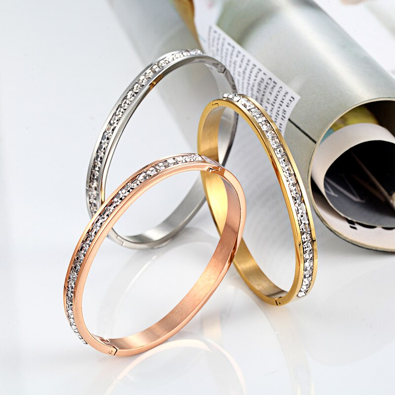 Pulseras de circón brillante con incrustaciones para mujer, brazaletes de amor de acero inoxidable, joyería de boda, novedad