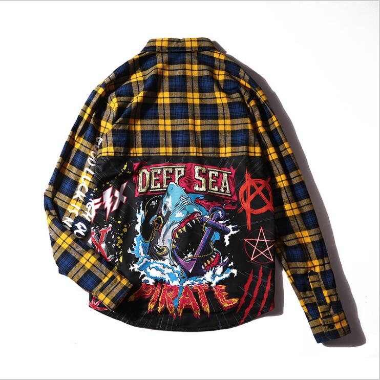 NAGRI Men Shirt casual Man Long Sleeve Hip-Hop printing Cardigan Tops Mens Plaid Casual Shirt Streetwear: Yellow / L