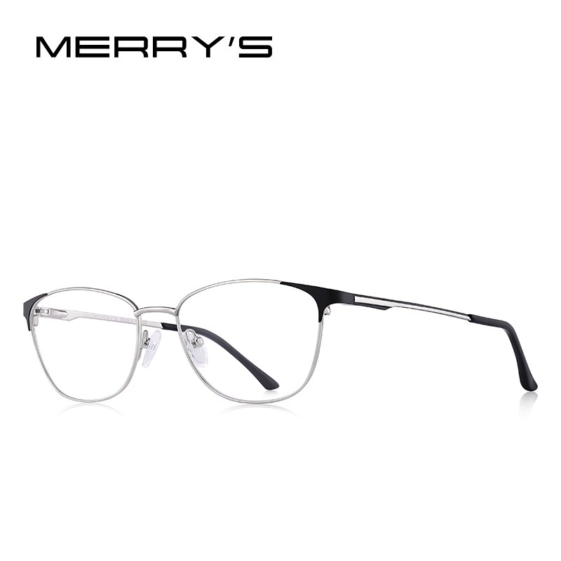 MERRY'S Women Cat Eye Glasses Frame Ladies Optical Eyewear Myopia Prescription Optical Eyeglasses S2053: C02 Black Silver