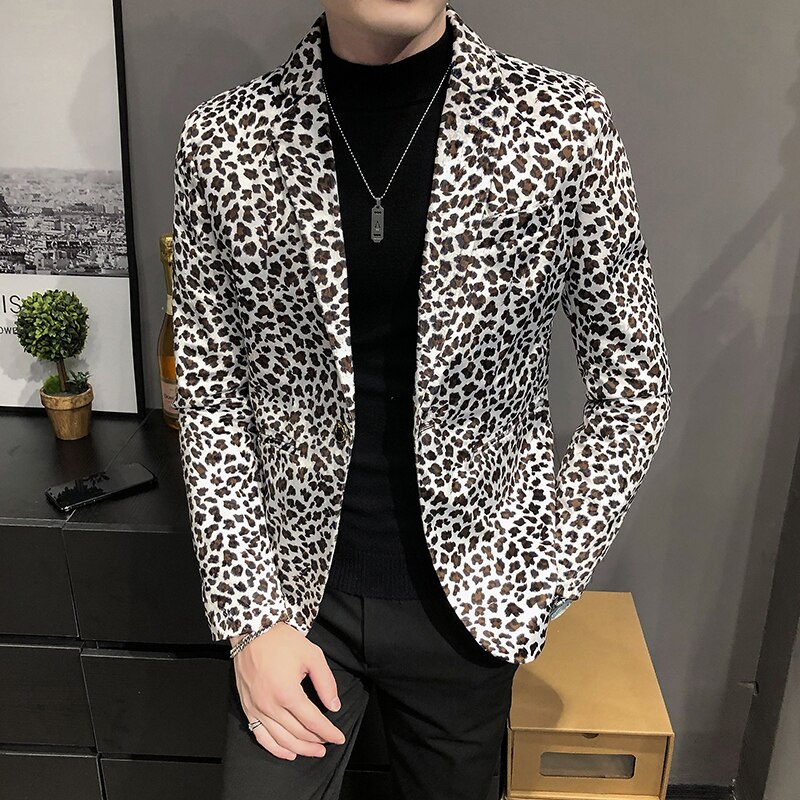 Boutique Leopard Print Mens Casual Blazer Wedding Dress Male Slim Suit Jacket Wedding Dress: White / Asia 3XL(73-80kg)