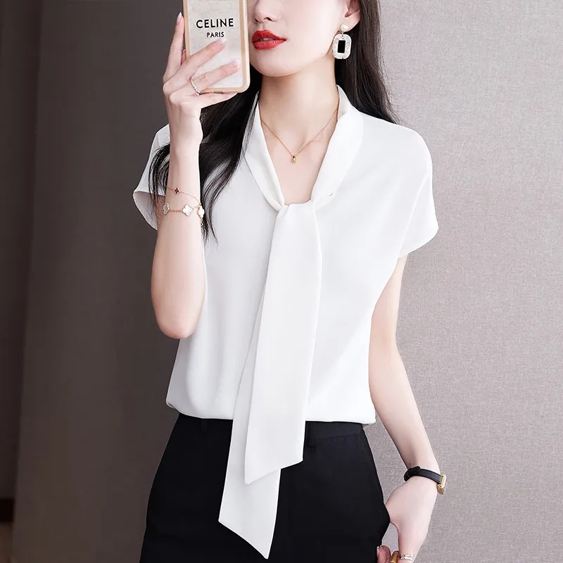 Blusa con pajarita para mujer, blusas elegantes OL, Tops de satén para mujer, ropa femenina de seda, blusa de manga corta de coreana 2023