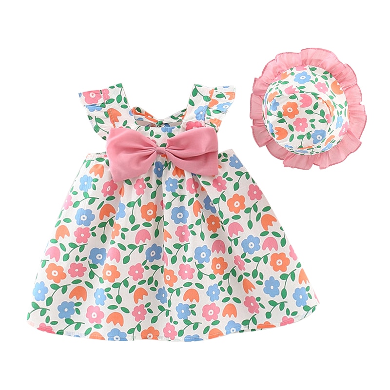 2 pezzi 2022 abiti estivi per bambina coreana carino fiocco senza maniche in cotone Baby Princess Dress Sunhat Newborn Clothes Set BC2180