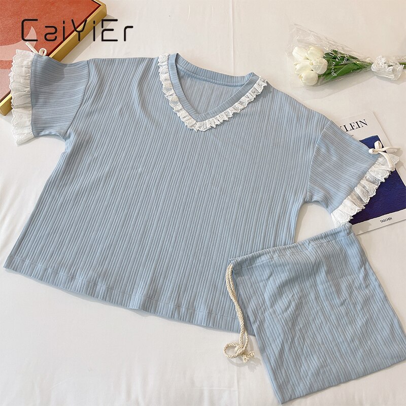 CAIYIER Summer Sweet Girl Lace Pajamas Set Cotton Pink Blue Short Sleeve Sleepwear Princess Style Ladies 3 Piece Nightwear