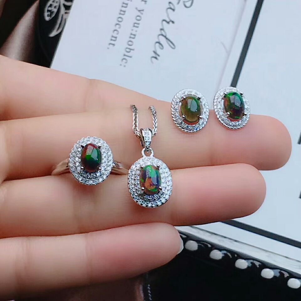 MeiBaPJ Natural Black Opal Gemstone Earrings Ring and Necklace 3 Siut for Women Real 925 Sterling Silver Fine Nice Jewelry Set