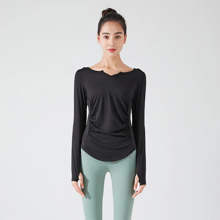 Stown-ropa deportiva para culturismo, camiseta de manga larga para gimnasio, Fitness, ropa de mujer con agujero para el pulgar, Top plisado adelgazante para Pilates y Yoga: M / Negro