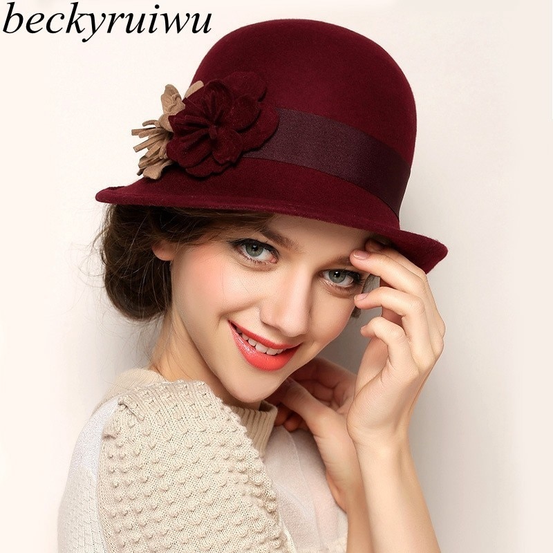 100%  australiensisk svart ullfilt fedora hattar för kvinnor vintage brett kant vinter kyrka cloche derby hatt fedoras blomma mössa