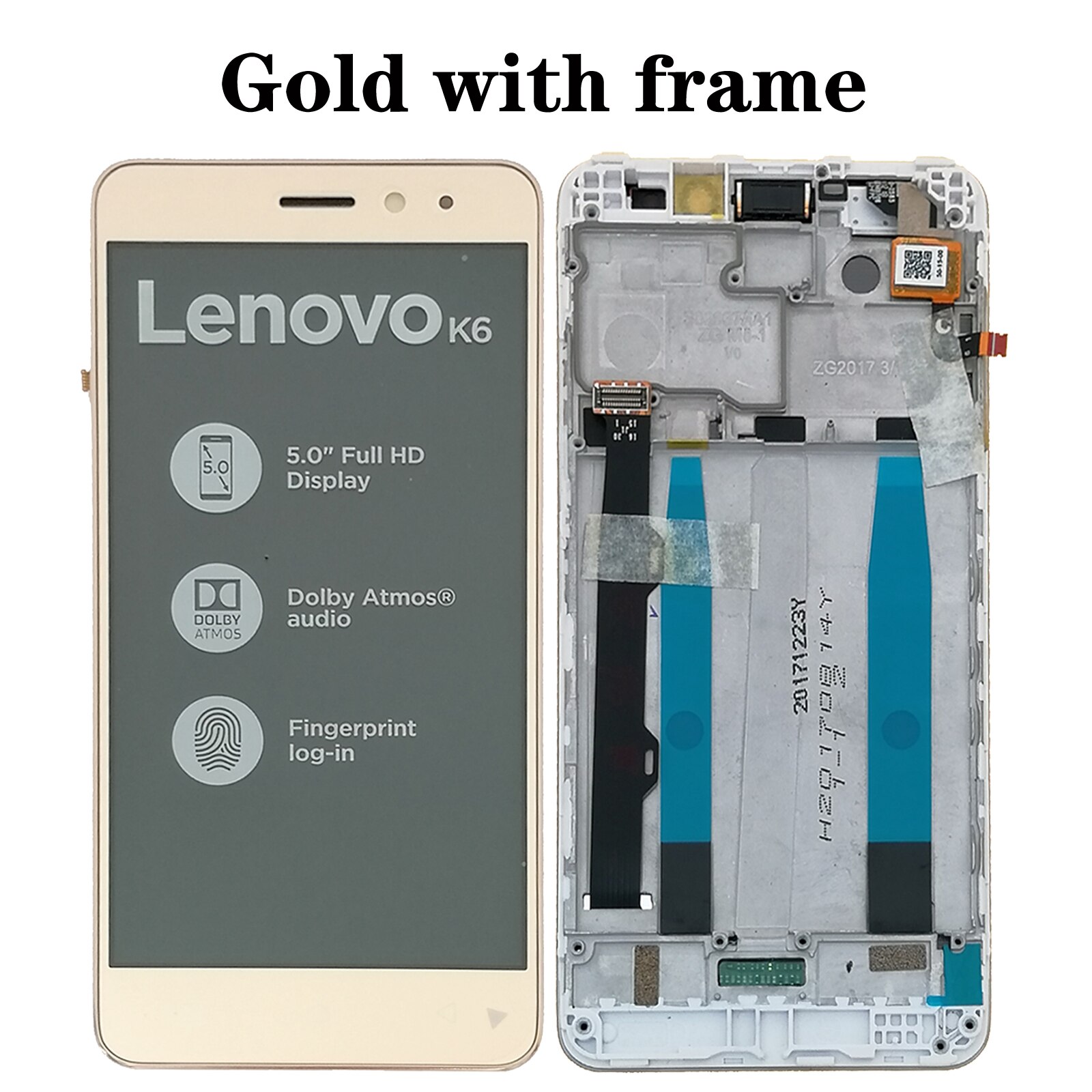 Shyueda 100% oiginal novo com moldura para lenovo k6 k33a48 k33b36/k6 potência k33a42 5.0 "display lcd de toque digitador da tela: Gold with frame