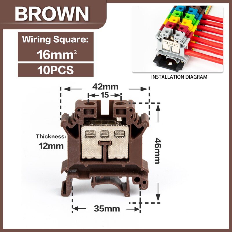 10 Stuks Din Rail Terminal Blok UK-16N Connductor Universele Klasse Schroef Draad Connector Strips Demonteren Montage: Brown-10PCS