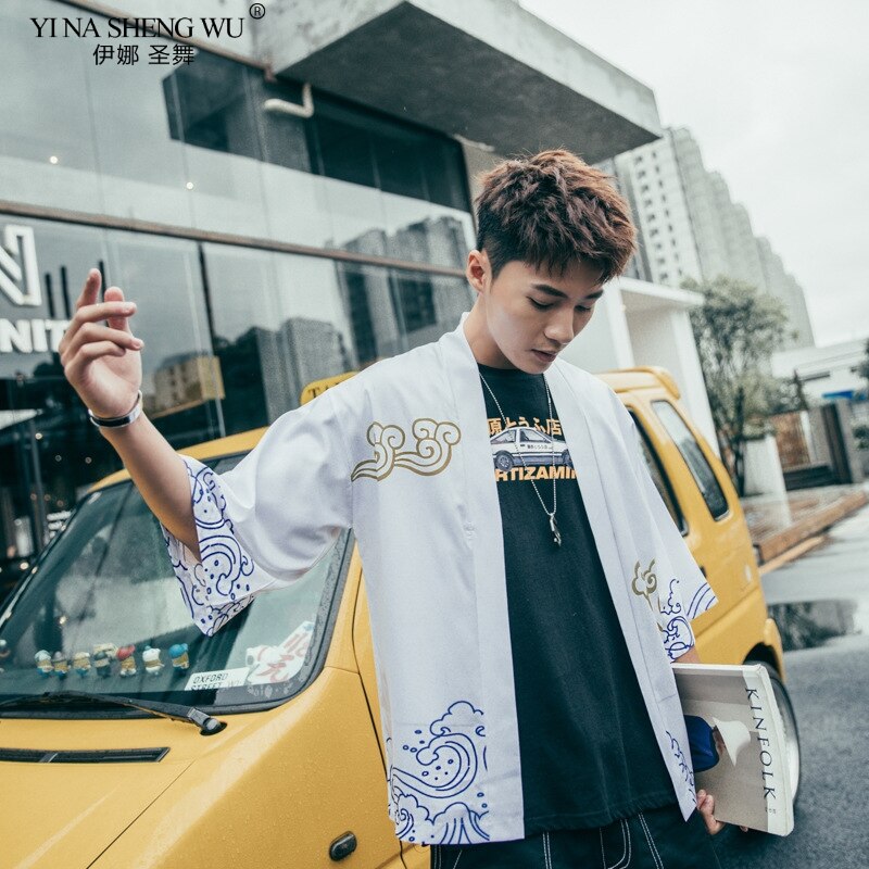 Estilo chino dibujo de calavera Cardigan playa Kimono Harajuku mujeres hombres Streetwear tradicional túnica japonesa playa corta blusa Top