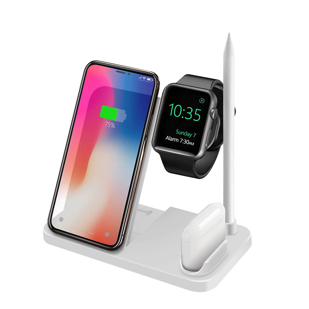 15W Qi Fast Wireless Charger Stand For iPhone 11 XS XR X 8 Samsung S10 S20 4 in 1 Charging Station for Apple Watch Airpods pro: 10W White