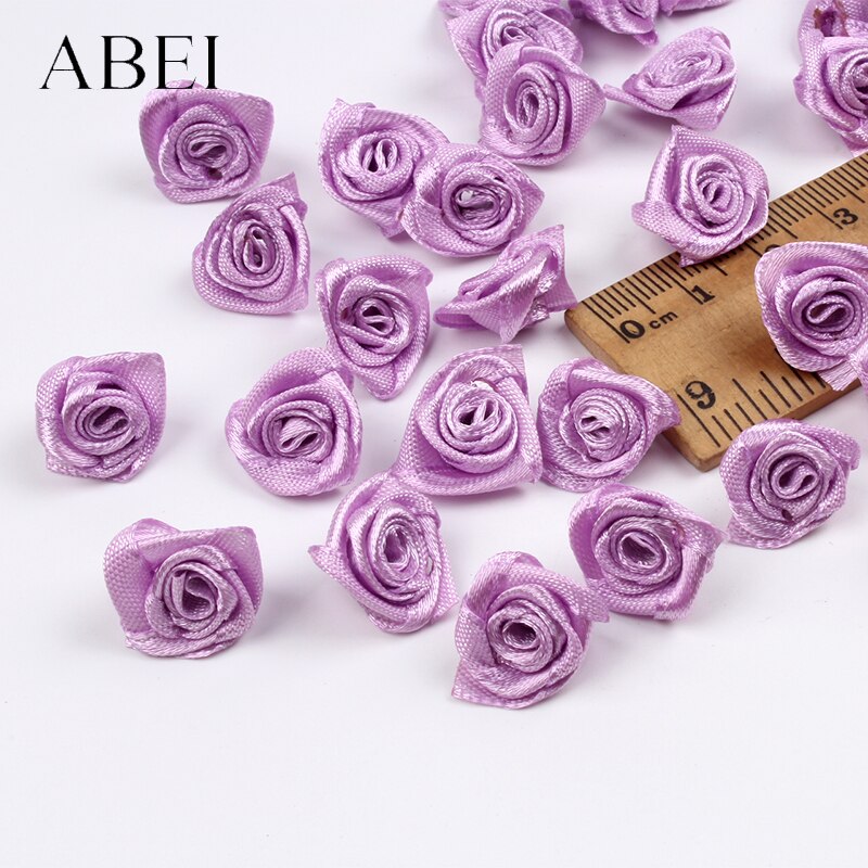 100pcs 15mm Light Purple Rose Artificial Silk Ribbon Flower Head DIY Garments Accessories Handmade Crafts Project