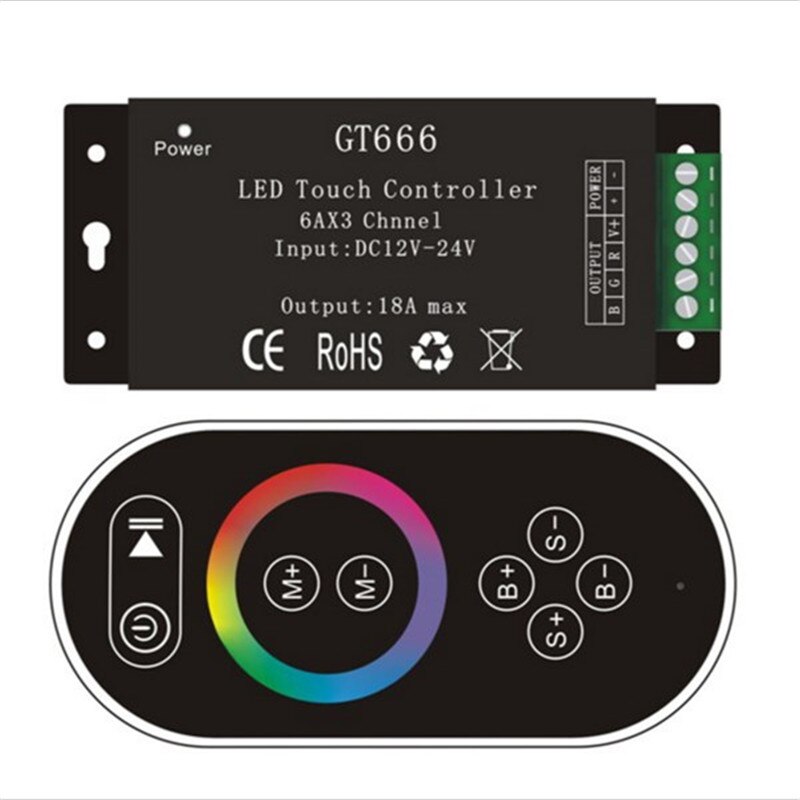 DC12-24V GT666 RF IR remote Touch RGB led controller 6Ax3channel for 5050/3528 rgb led strip