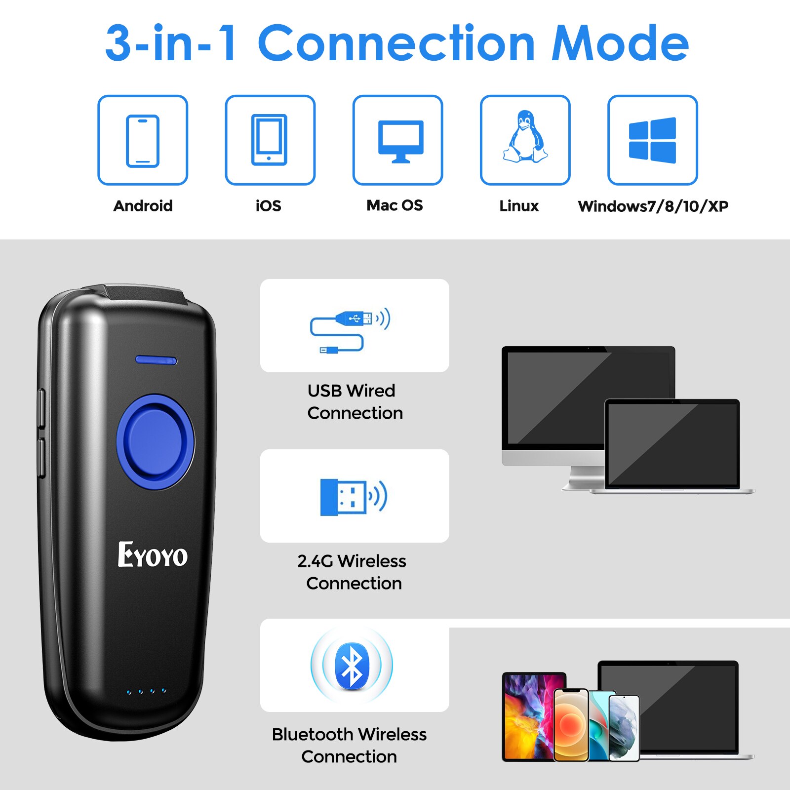 Eyoyo EY-023 QR Code Scanner Bluetooth Tragbare 2D Bar Code Scanner Kompatibel USB 2,4 GHz Drahtlose Bluetooth Barcode Reader