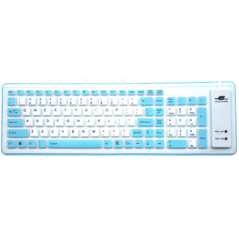 soft and durable, comfortable touch Foldable Keyboard Waterproof USB Wired Keyboard 103 Keys Silicone Soft Keyboard: Blue