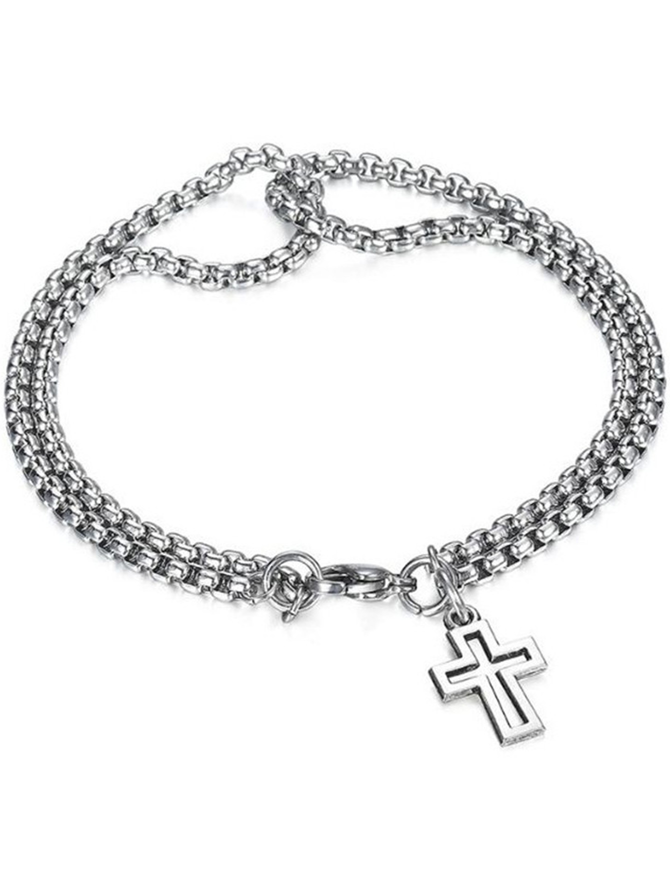 Pulsera de muñeca hueca cruzada de doble cadena a la para hombre, hebilla de garra de langosta, pulsera de acero inoxidable, joyería de Punk de Hip Hop