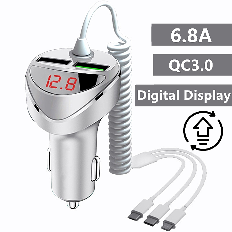 3 in 1 qc 3,0 fast car charger with cable for iphone 13 12 11 samsung xiaomi huawei micro usb type c fast mobile phone charging charger: Qc3.0 with display w