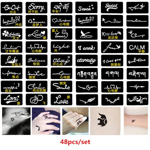 48 Stks/set Glitter Tattoo Stencil Brief Henna Stencils Airbrush Stencil Tattoo Sjabloon Voor Hand Nek Arm Pols Pochoir