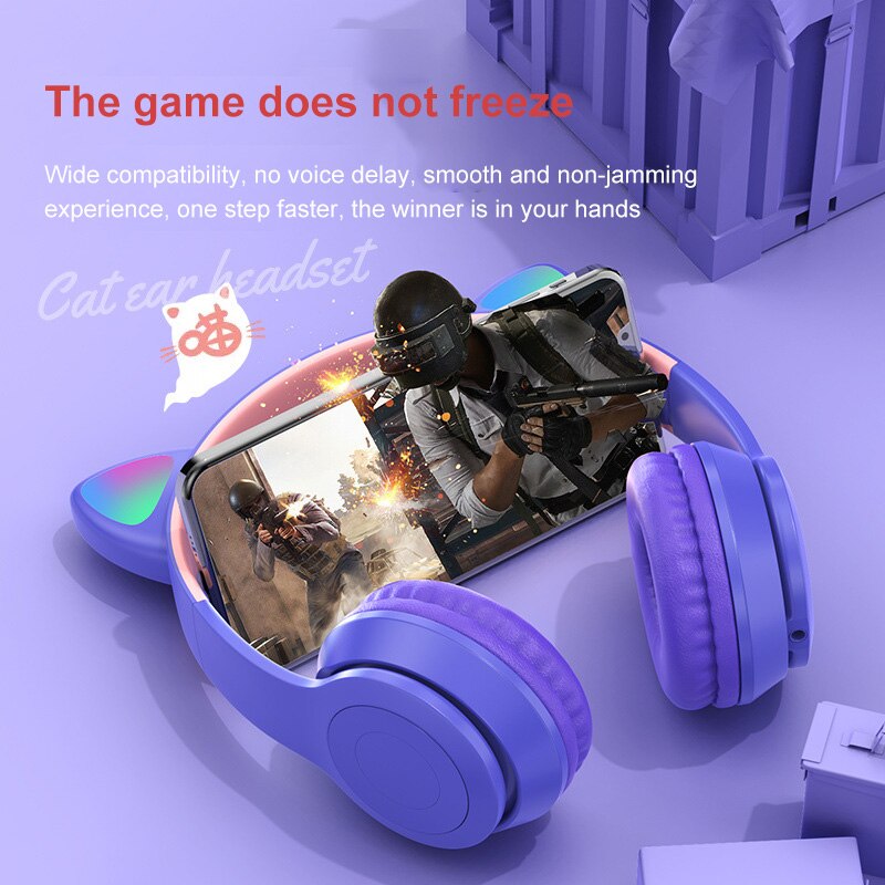 Leuke Kat Oren Bluetooth Draadloze Hoofdtelefoon Met Microfoon Kan Controle Led Kid Meisje Stereo Muziek Helm Telefoon Headset