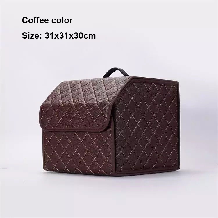 Car storage bag PU leather trunk storage box storage bag foldable car trunk storage and finishing high-end luxury storage box: Coffee small
