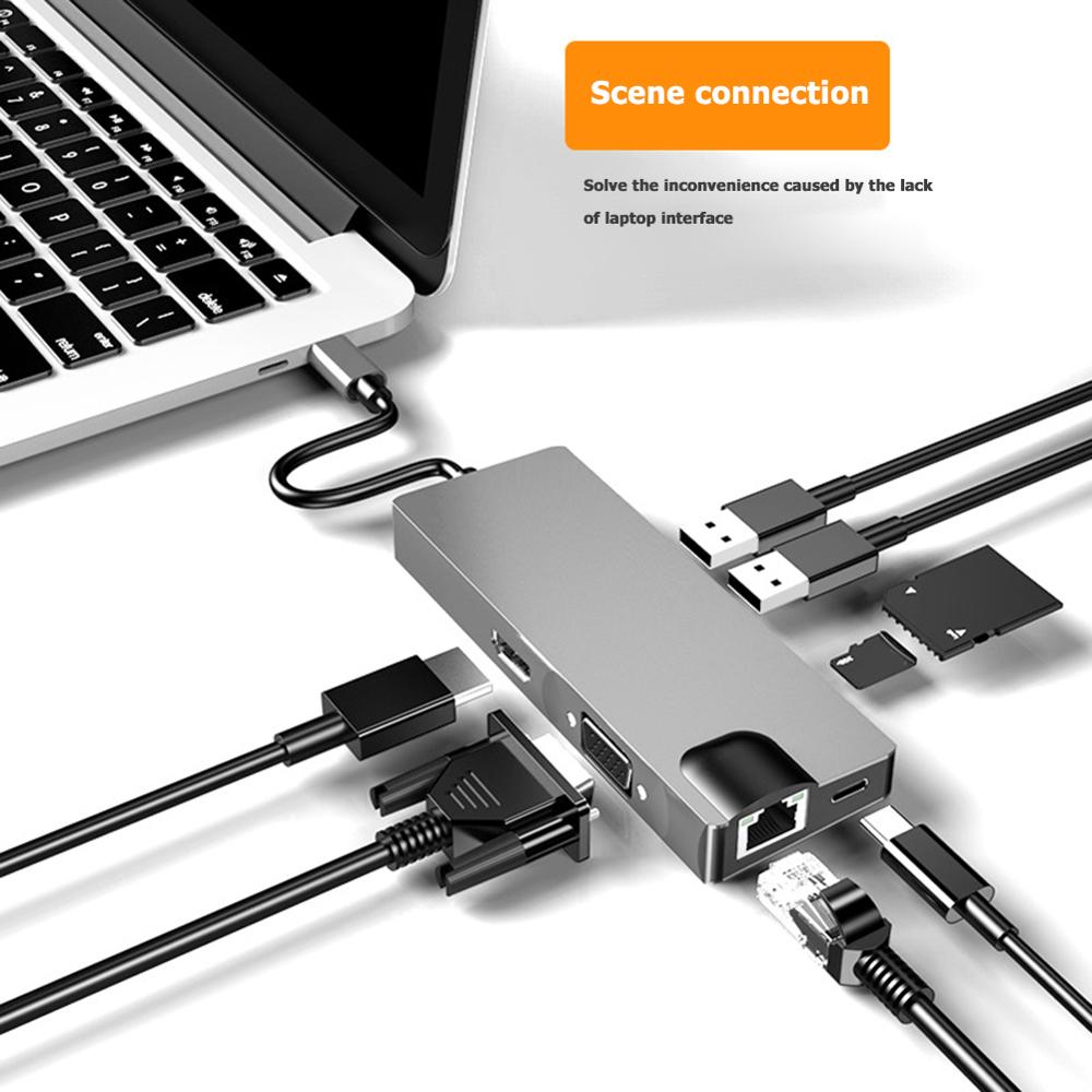 8 in 1 USB Hub Typ C zu 2 USB 3,0 HDMI Laptop Docking Bahnhof Energie Adapter VGA RJ45 PD kartenleser Adapter HW-TC12: 8 in 1 USB Hub