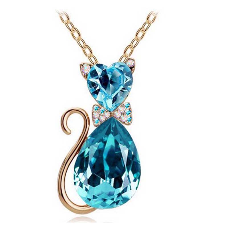 Leuke Kat Hanger Ketting Voor Vrouwen Hart Crystal Sieraden Oostenrijkse Kristal Sleutelbeen Keten Ketting: gold oceanblue