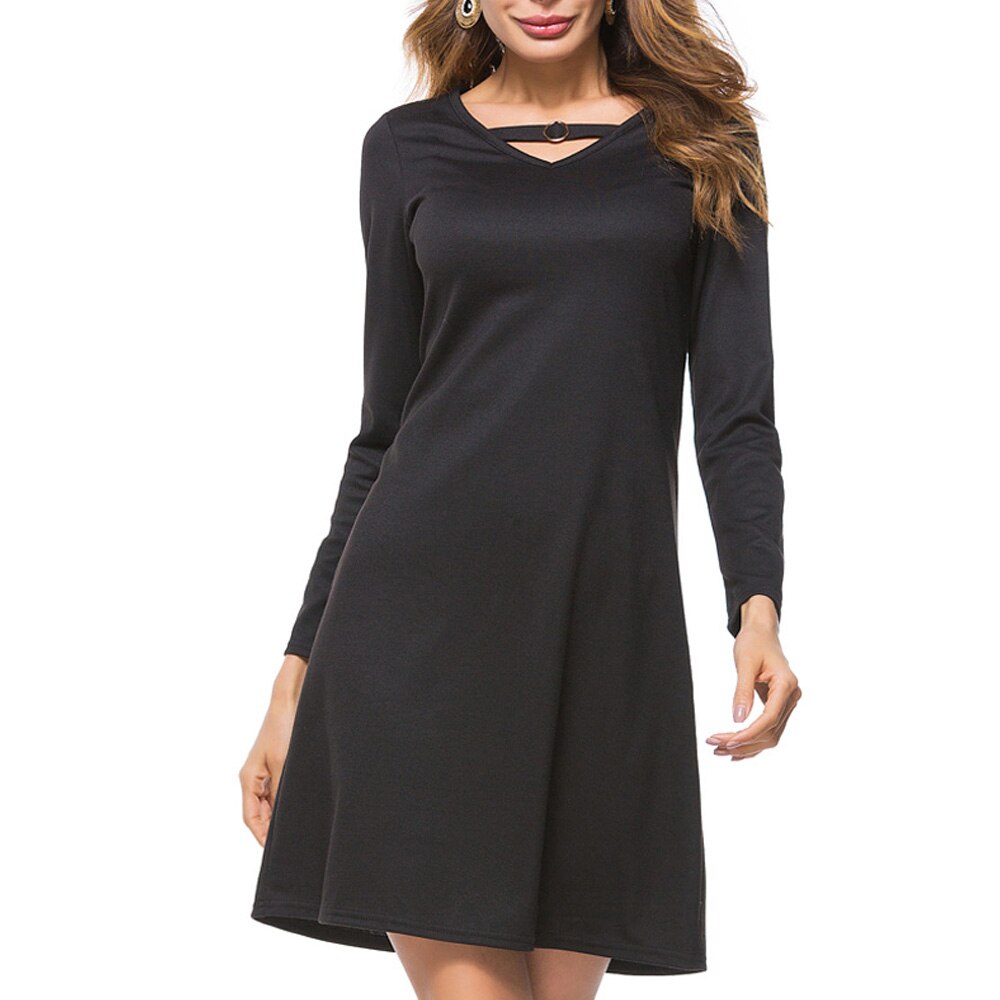 Nice-forever causal puro preto cor vestidos em linha reta solto turno vestido feminino t024